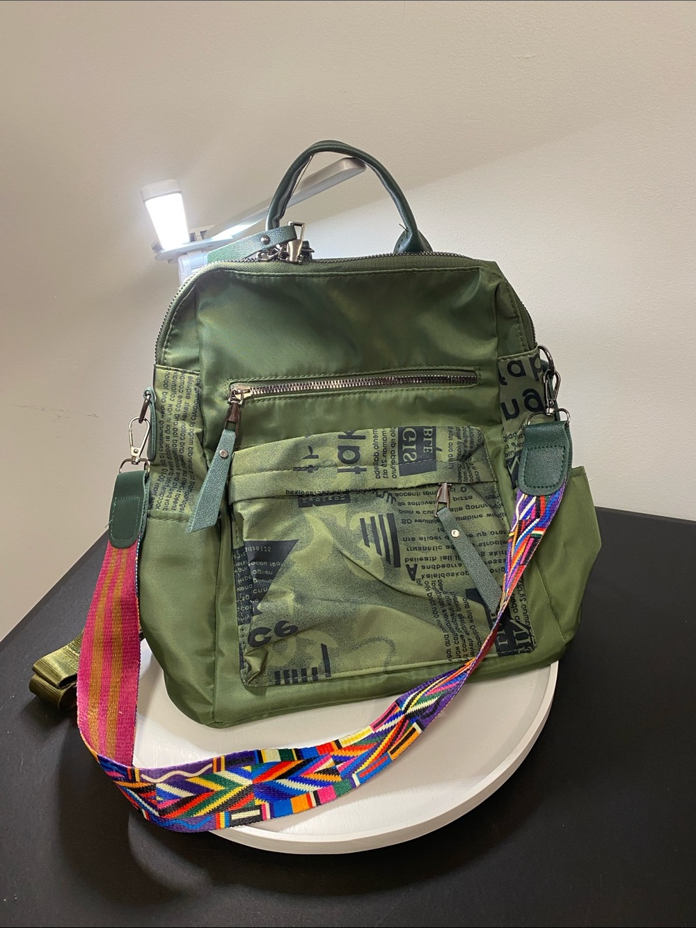 2 for $25 - Olive Green Printed Backpack with Colourful Strap, NWOT